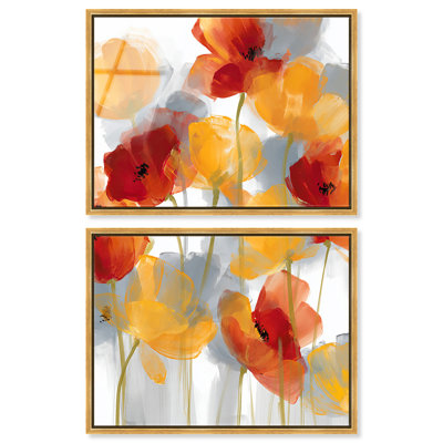 Ensemble de décoration murale florale encadrée Mellow Yellow Mist III, impression acrylique, par Art Remedy, cadre doré, 44 x 33