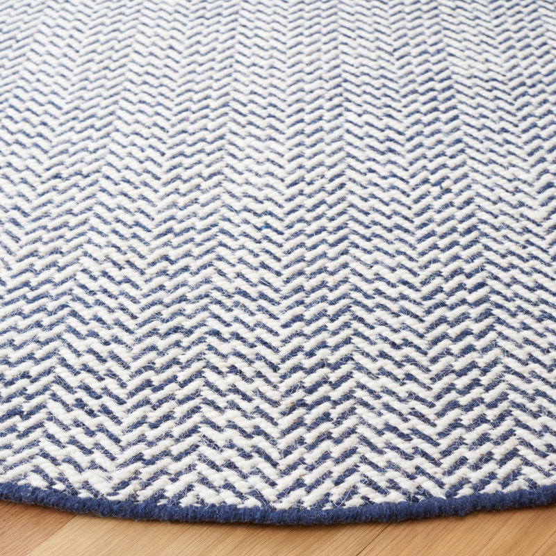 Vermont Hand Woven Cotton/Wool Abstract Rug in Navy/Ivory, Round 6'