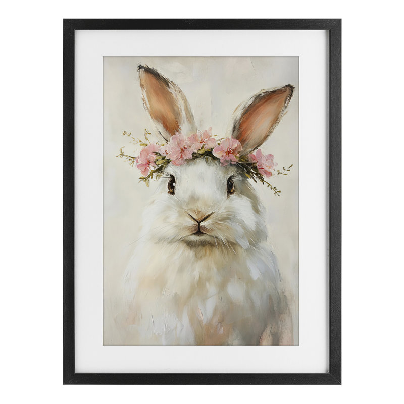 Bunnykins avec couronne rose, reproduction sous verre, conception de Tina LeCour, H 23 po x l 17 po, Cadre noir minuit