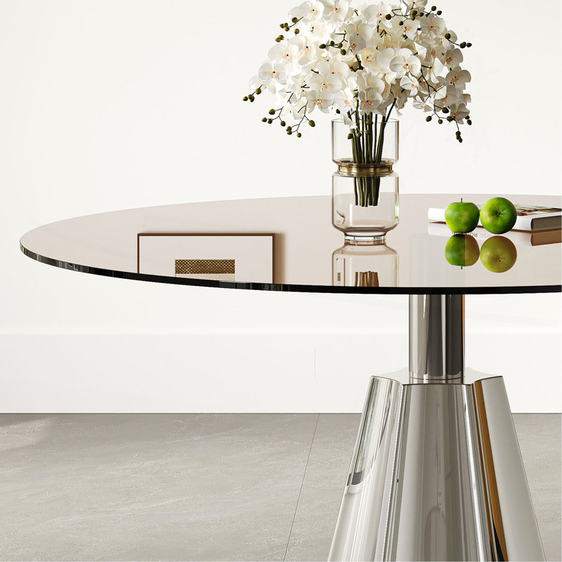 Table de salle à manger compacte de 35 po, plateau en verre noir moderne Mid-Century et base évasée argentée pour la cuisine, le salon et le thé
