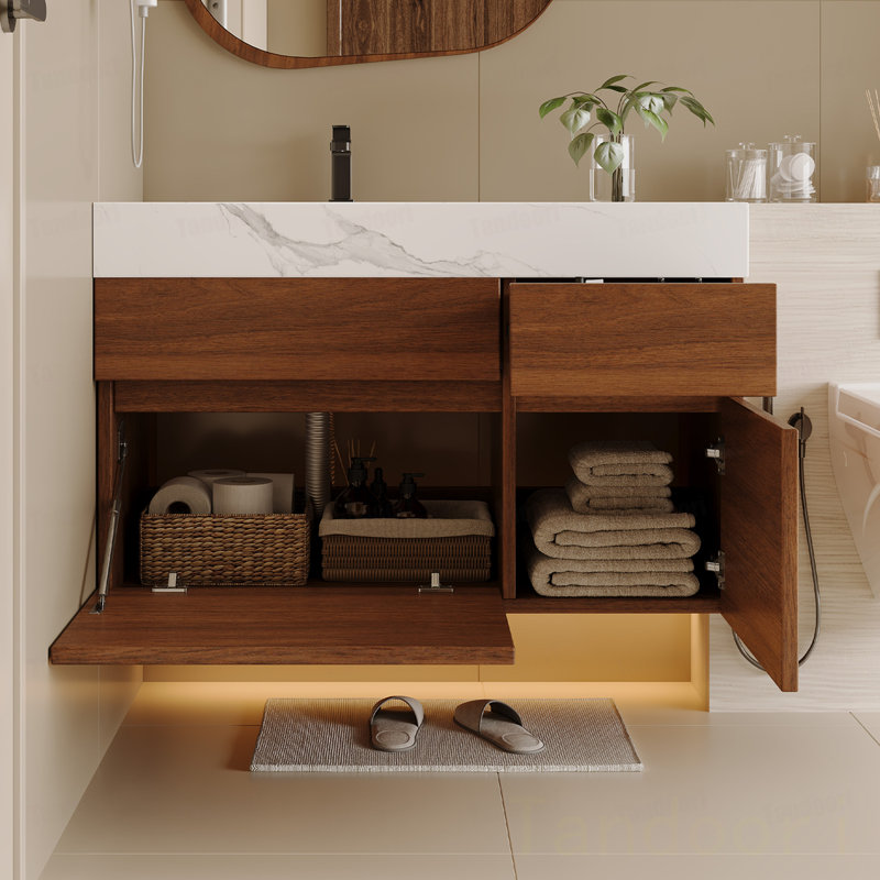 Meuble-lavabo flottant moderne avec plateau en pierre frittée sans soudure et lavabo en céramique