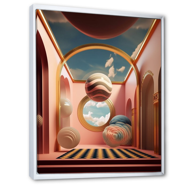 «Futur Folklore Minimal Retro Architecture I», reproduction sur toile, H 44 po x l 34 po x P 1,5 po, Cadre flottant blanc