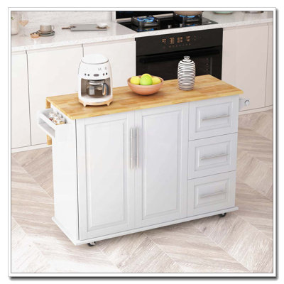 Kitchen Island Cart with 2 Door Cabinet and Three Drawers,43.31 Inch Width with Spice Rack,Towel Rack (White)