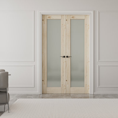 Portes doubles en verre blanc givré 1-Lite avec portes en pin blanc avec quincaillerie / poignée