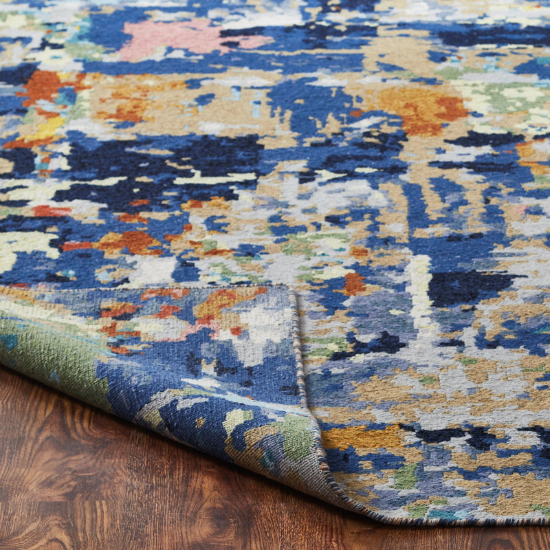 Wool Abstract Area Rug in Blue, Runner 2'6" x 12'