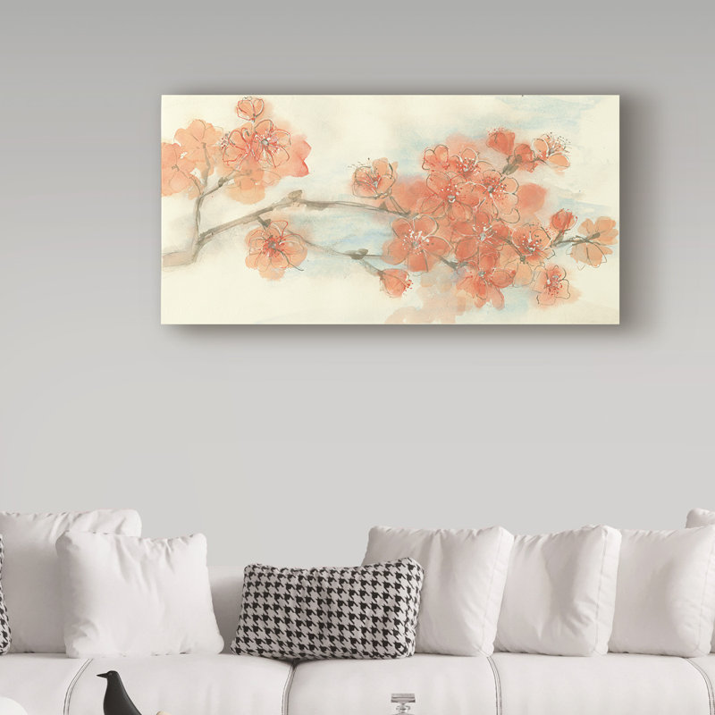 « pêche fleur i renversée », reproduction de peinture à l’acrylique sur toile tendue, H 24 po x l 47 po x P 2 po