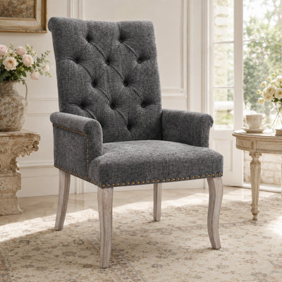 Ellvorn Chenille Tufted Dining Armchair, Upholstered French Accent Chair with High Back, Curved Solid Wood Legs, Foam Cushion and 300 lbs. Capacity