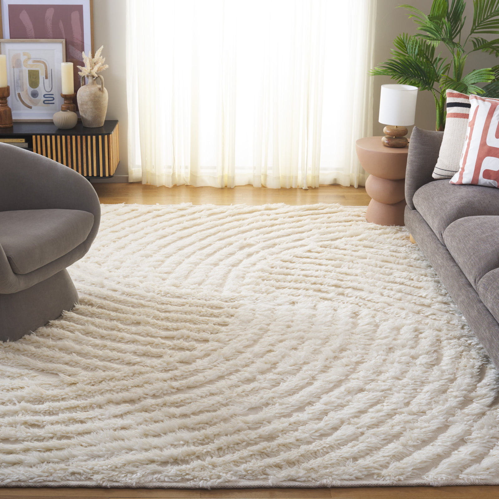 Abriel Ivory Hand-Woven Abstract Wool Rug, Rectangle 8' x 10'