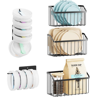 5 organisateurs de couvercles de porte d'armoire pour couvercles de contenants alimentaires pour couvercles de gobelets Tupperware, 3 tailles de paniers en métal antirouille pour les épices, les articles de toilette, le rangement sous l'évier ou le véhicule récréatif
