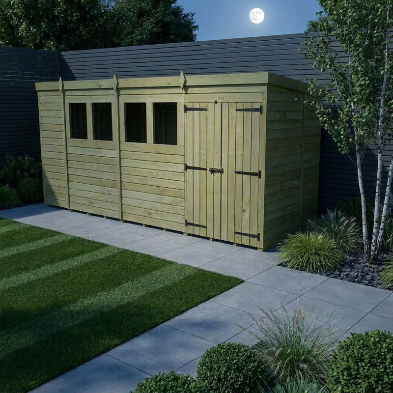 Total Sheds 15ft x 5ft Pent Garden Shed - Double Door - With Windows - Pressure Treated Timber - UK Manufactured