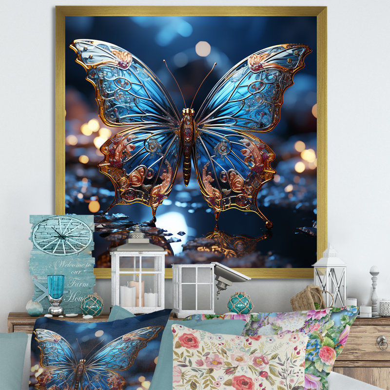 «Butterfly Watery Blues» sur toile, Cadre doré simple, H 16 po x l 16 po x P 1 po