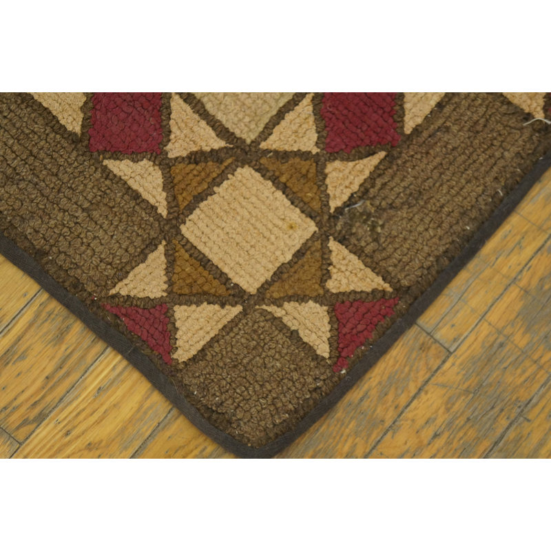 Antique Early 20th Century American Geometric Floral Folk Art Design Small Hooked Rug