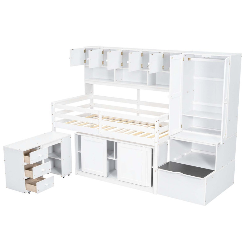 Grand lit mezzanine en bois avec rangement sous le lit, avec tiroirs et tablettes, Lit simple, Blanc