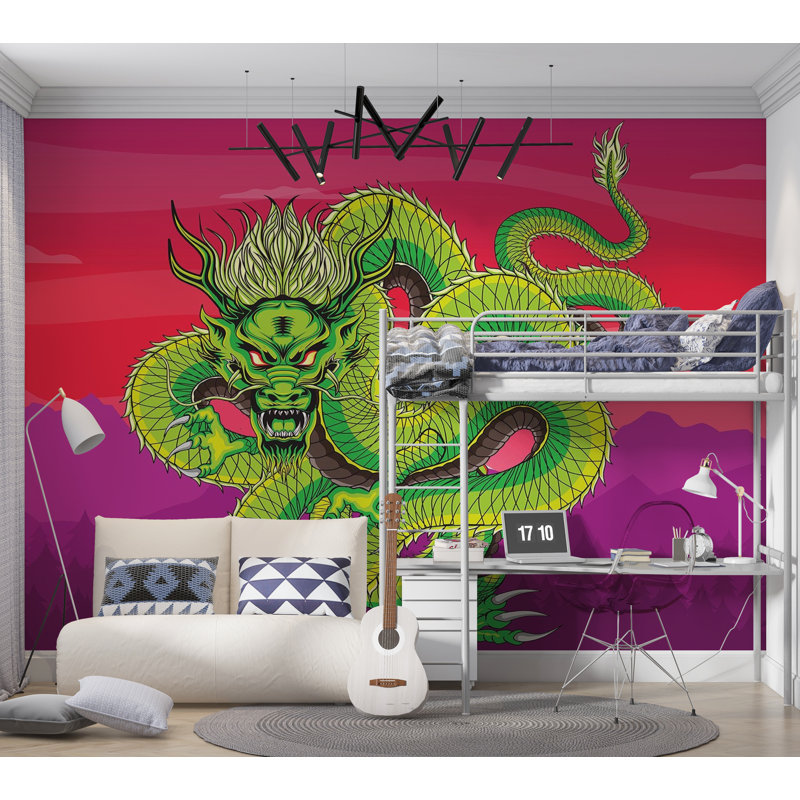 Murale pelez et collez de qualité supérieure - Dragon vert, L 96 po x l 120 po