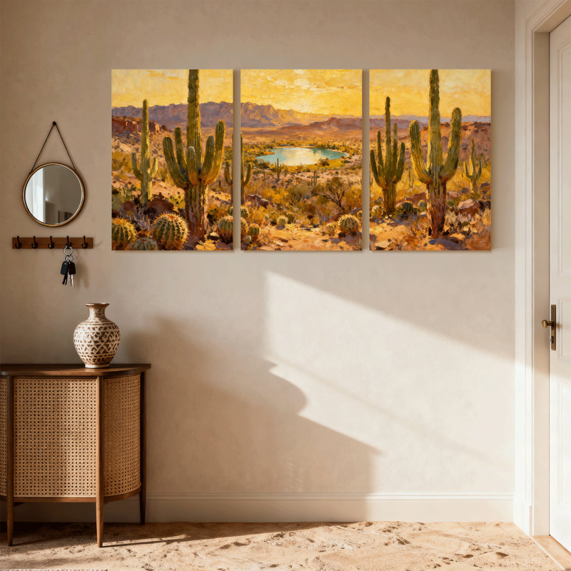Cactus, paysage désertique avec cactus et lac, ensemble de 3 impressions sur toile, H 24 po x l 48 po