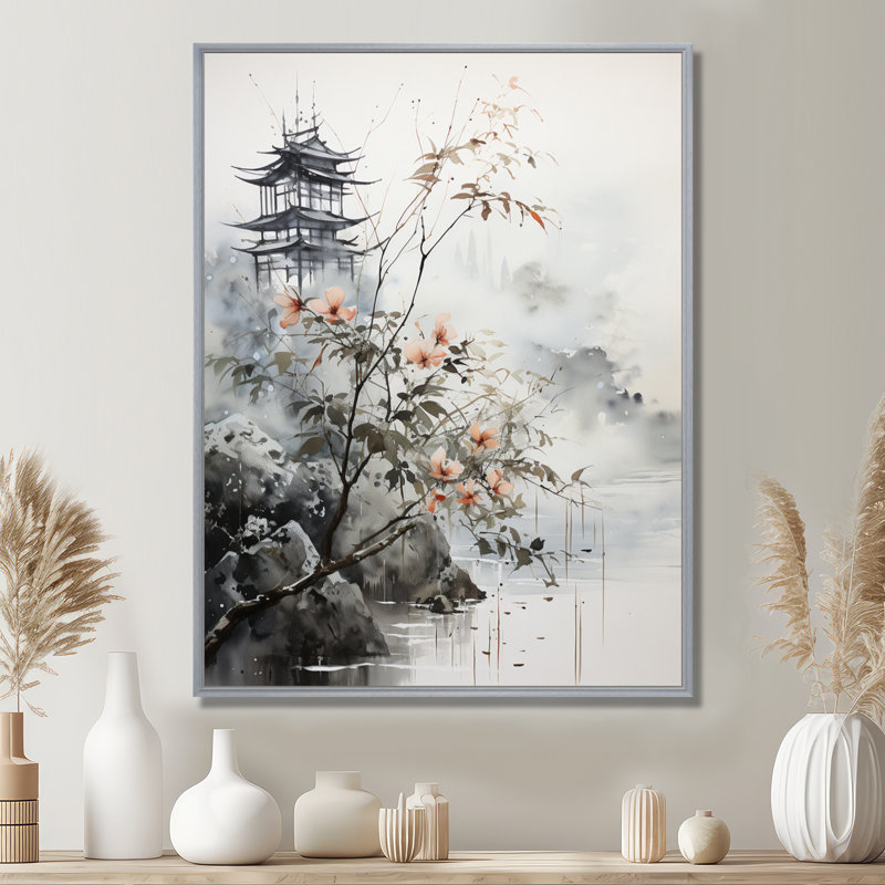 Art asiatique, oiseau Sumi, sérénité - impression, H 32 po x l 16 po x P 1 po, Encadrement argenté