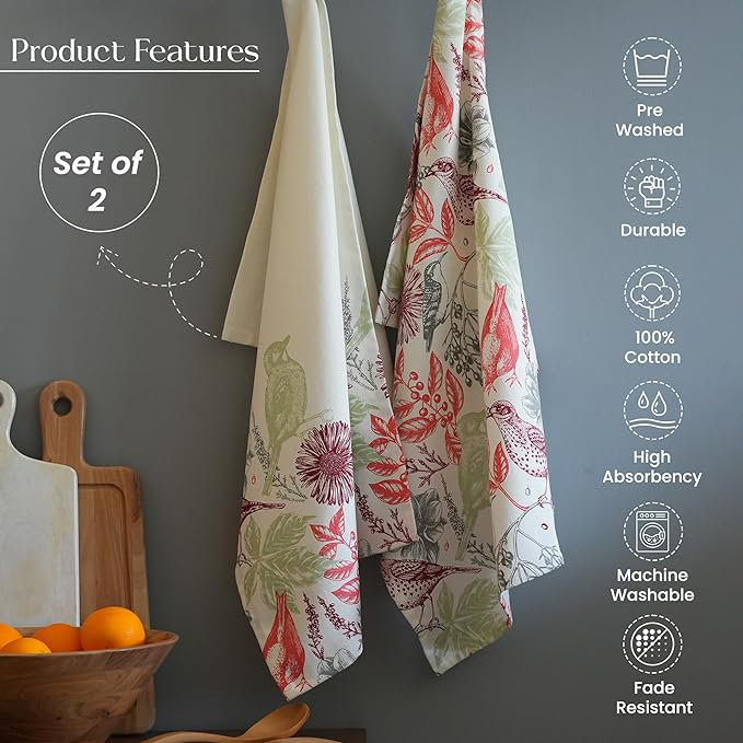 100% Cotton Summer Kitchen Towels, 18 x 28 inches, Hello Bird Printed Dish Towels, Hand Towel