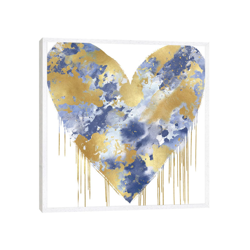 Big Hearted Blue And Gold by Lindsay Rodgers - Print on Canvas, White Framed, 93.98cm H x 93.98cm W x 3.81cm D