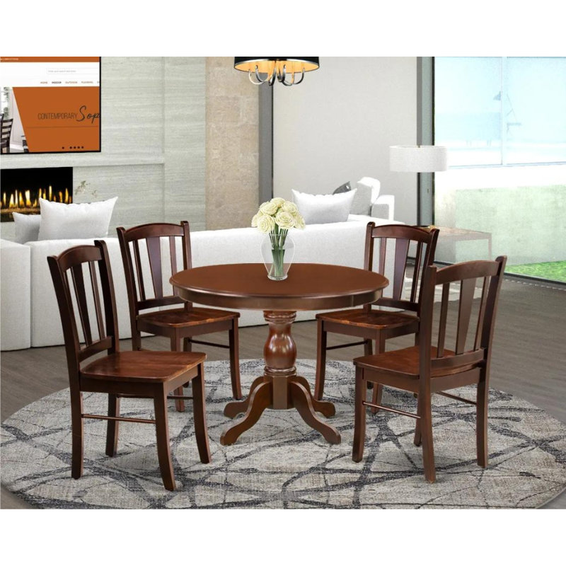 Ensemble de table de salle à manger 5 pièces pour 4 personnes comprenant une table de cuisine ronde avec piédestal et 4 chaises de salle à manger en acajou