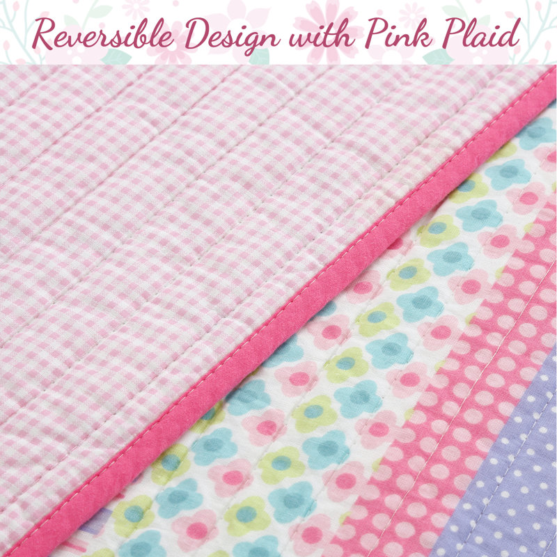 Ensemble de courtepointe réversible 100% coton rose / blanc / jaune , Courtepointe simple et 1 taie décorative