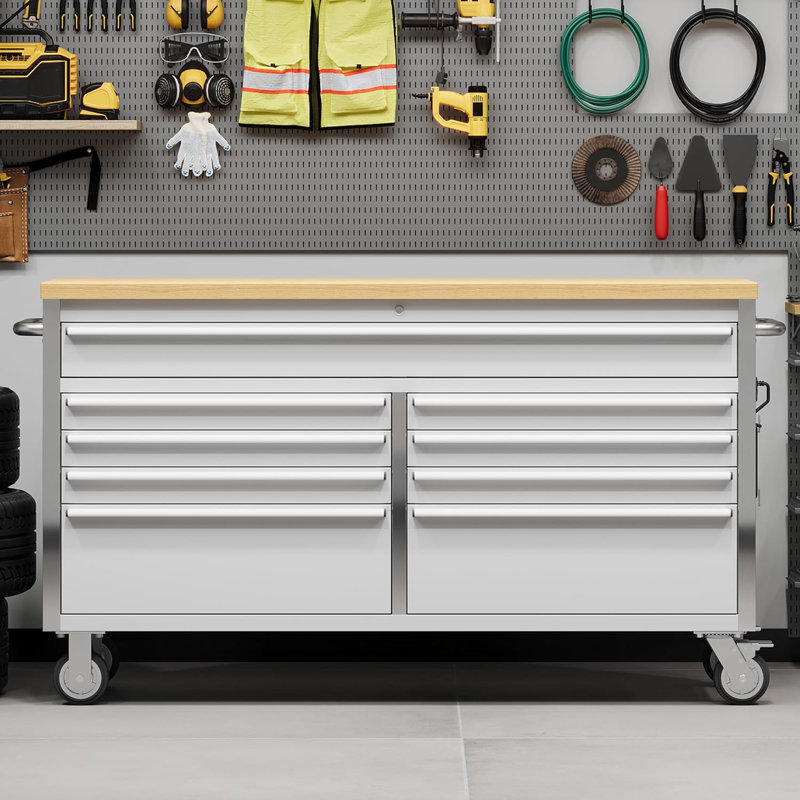 61 Inch Tool Chest, 9 Drawers, Lockable Mobile Storage Cabinet, Constructed From Stainless Steel for Strength and Stability, Spacious Design Ideal for Workshops, Garages, Kitchens, and Home Use