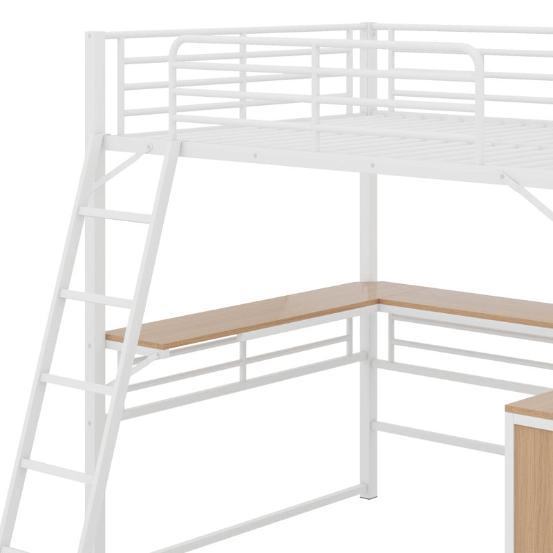 Lit mezzanine double en métal avec tablettes et bureau, Blanc