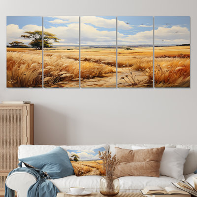 «Yellow Wheat Field Meadows II - Meadow», art mural 5 pièces