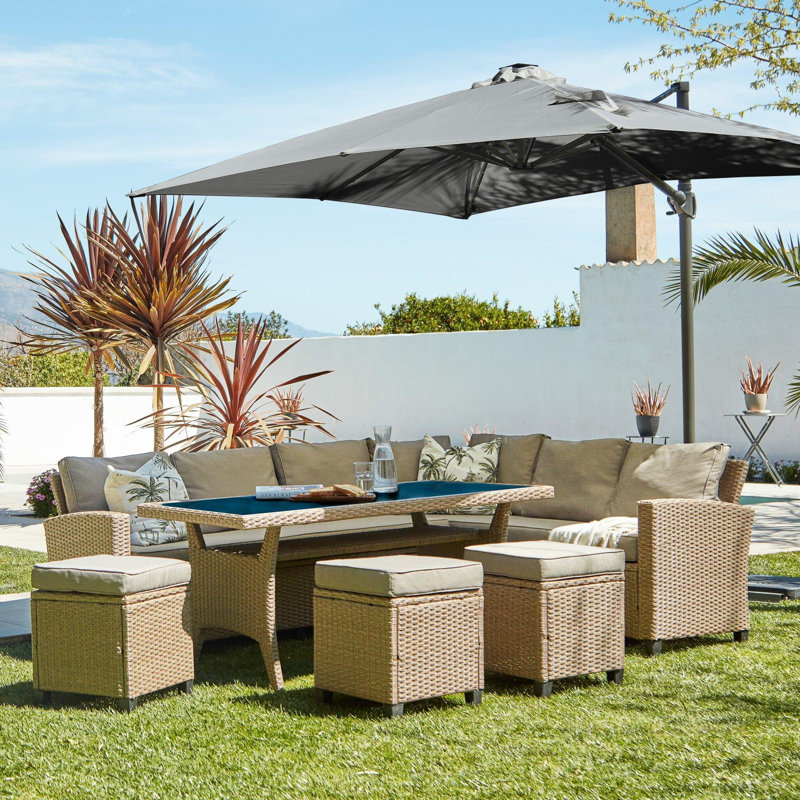 Bernardina All Weather Wicker/Rattan 9 - Person with Cushions & Parasol, Grey, Black