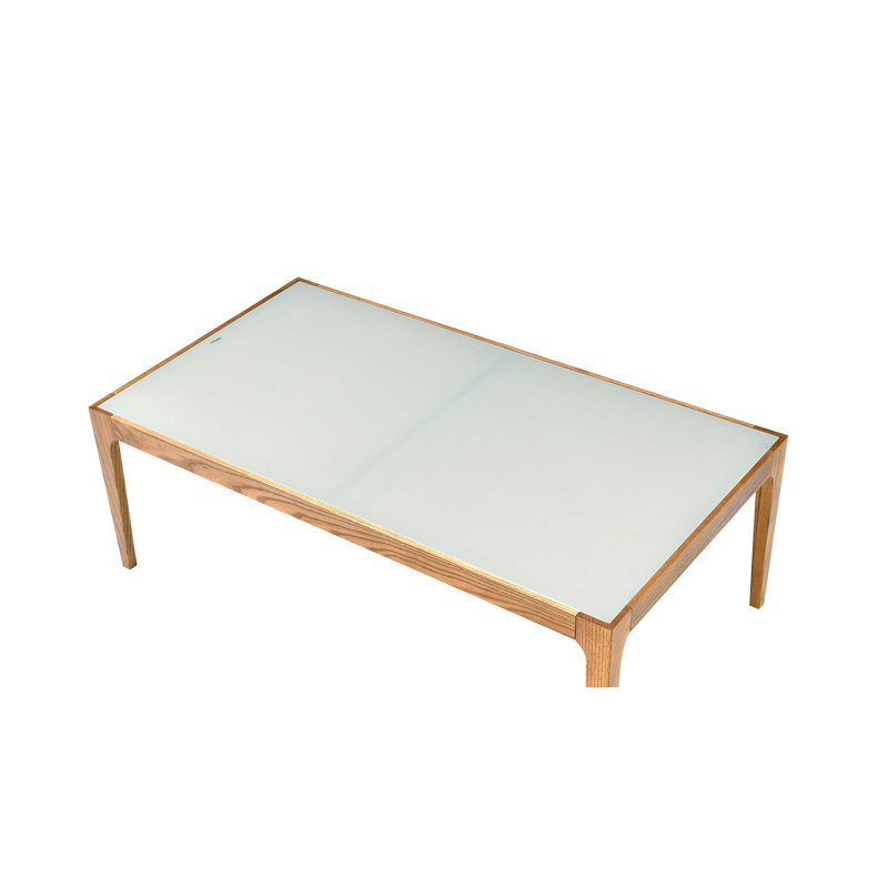 Table basse rectangulaire en verre givré avec pieds en bois naturel