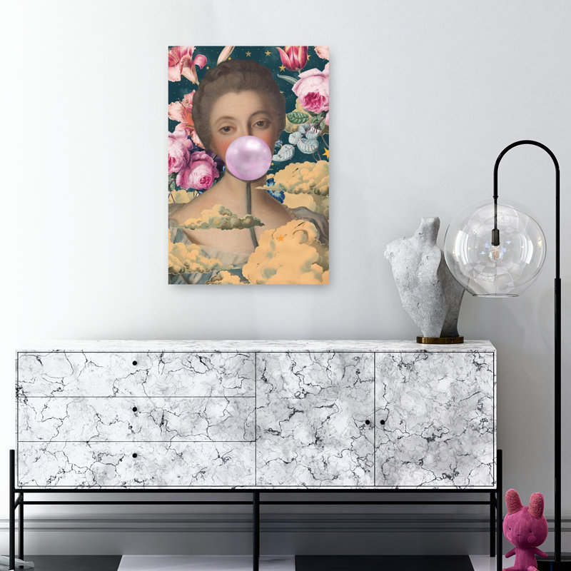 Affiche murale fleurie surréaliste avec motif de gomme à mâcher, portrait classique, onirique et élégant de fleurs