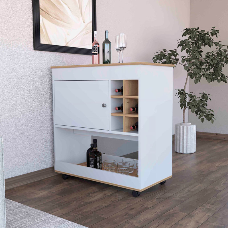 Chariot-bar Texas, une armoire, six casiers à bouteilles, un panneau inférieur, quatre roulettes