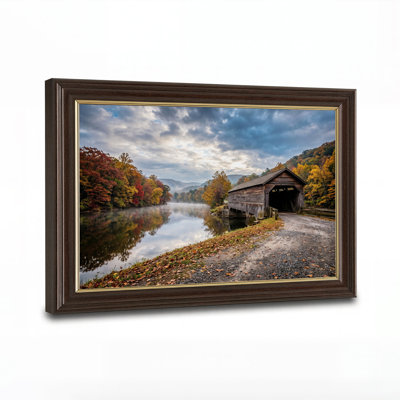 Covered Bridge Over River in Autumn Canvas Wall Art