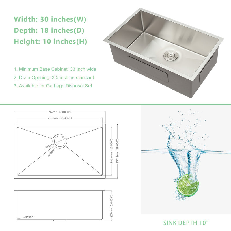 30" L x 18" W Undermount Single Bowl Stainless Steel Kitchen Sink with Basket Strainer, Stainless Steel , 30" L x 18" W  