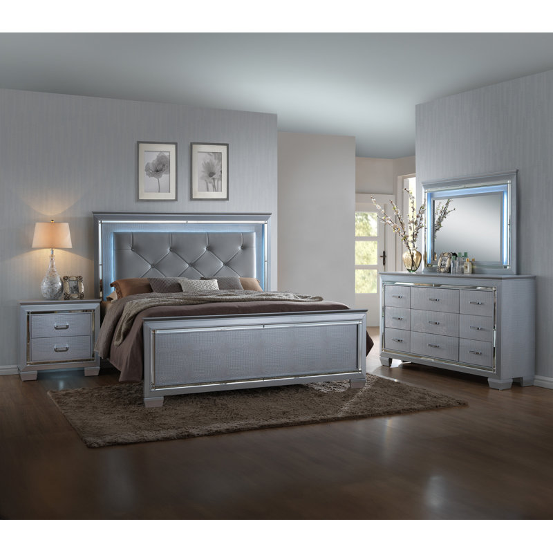 Modern LED Nightstand with Dual Drawers, Beveled Mirror Accents, and Chrome Hardware
