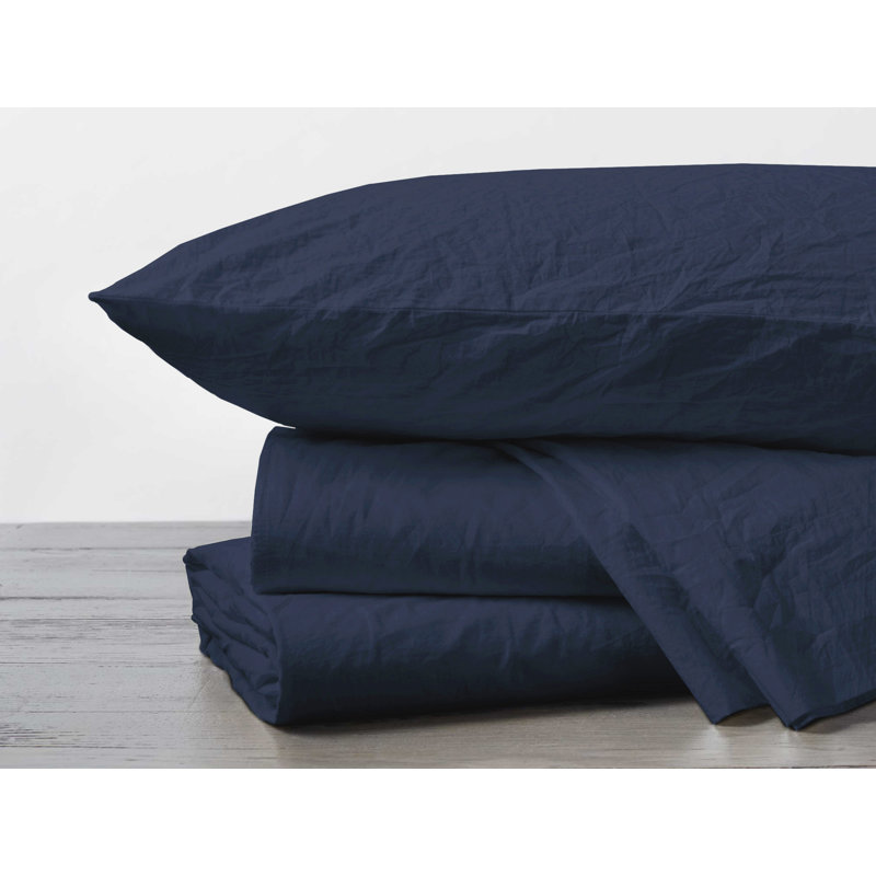 Organic Crinkled Percale Sheet Set, Queen Sheet Set with 2 Pillowcases, Indigo Chambray