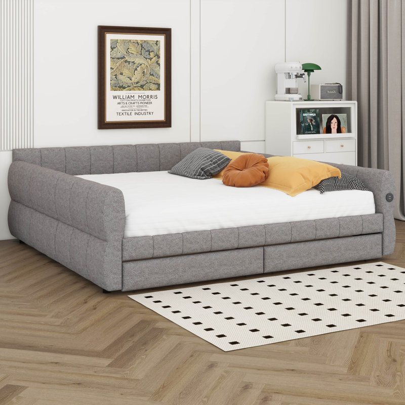 King Size Daybed With 2 Storage Drawers, Upholstered Daybed With USB, Platform Bed For Bedroom, No Box Spring Needed, Gray