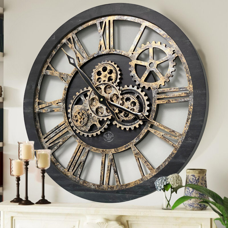 Wall Clock 24" Round Oversized for Living Room decor with Real Moving Gears America Collection, Vintage Black