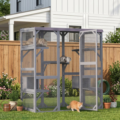 70" Large Walk‑in Catio Outdoor Cat Enclosure, Solid Fir Wood Weatherproof Cat House for Multiple Cats with 5 Resting Platforms, 2 Cat Condos & Lockable Multi‑Access Doors for Patio Backyard