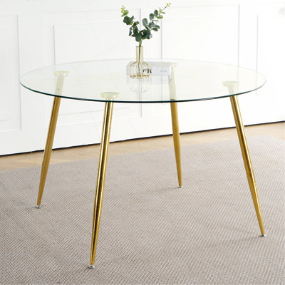 Table en verre moderne simple de 47,2 po, matériau en métal de verre trempé de haute qualité, pieds plaqués or, convient pour la cuisine de restaurant (ensemble de 1)