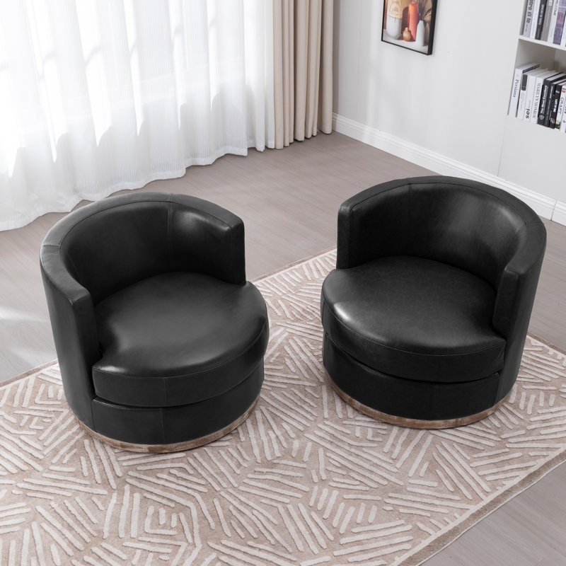 Genuine Leather Barrel Chair(Set Of 2), Vintage Black