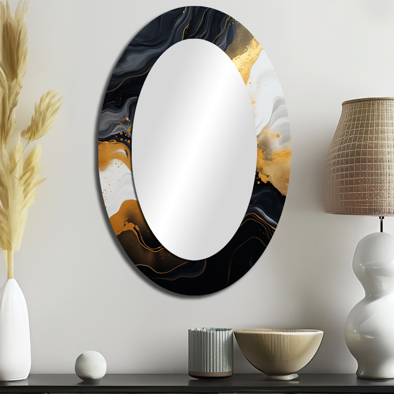 Or et marbre noir Essence I - grand miroir mural ovale sur métal, 36 po x 24 po