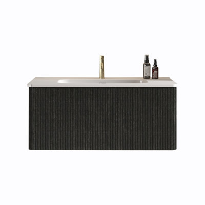 36" Striped Wall Mounted Floating Bathroom Vanity with Ceramic Sink