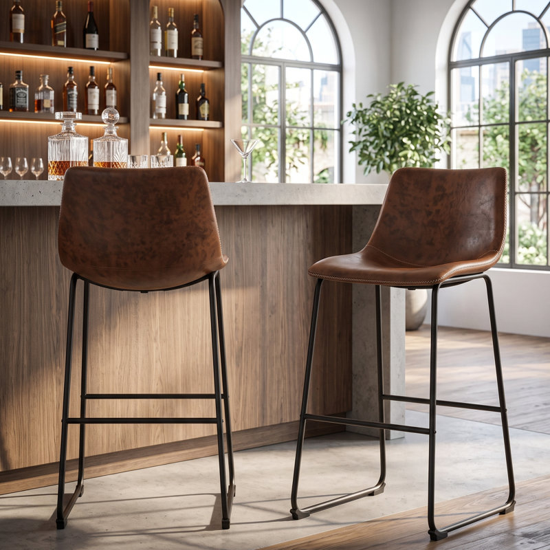 Ensemble de 2 tabourets de bar, tabourets de cuisine bas en cuir ciré vieilli avec surpiqûres en zigzag de style baseball