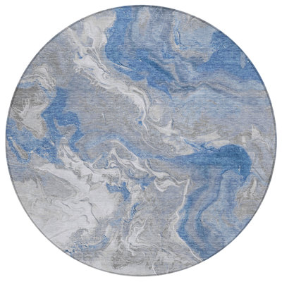 Tapis intérieur rond lavable abstrait bleu et ivoire 8 pi