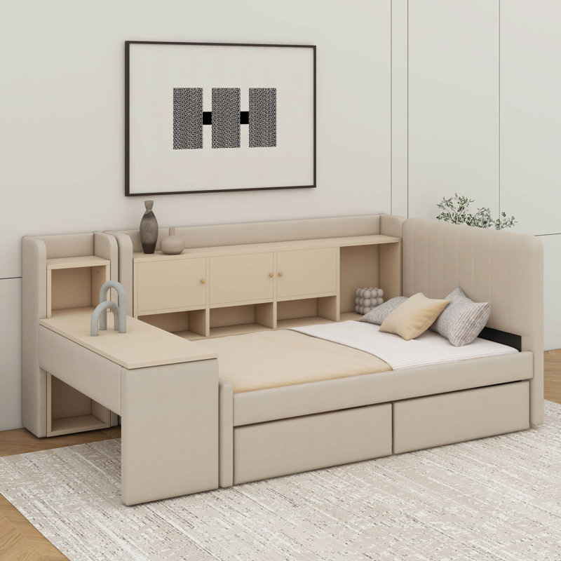 Lit de jour simple rembourré avec tiroirs, tablettes et table d'appoint, Beige