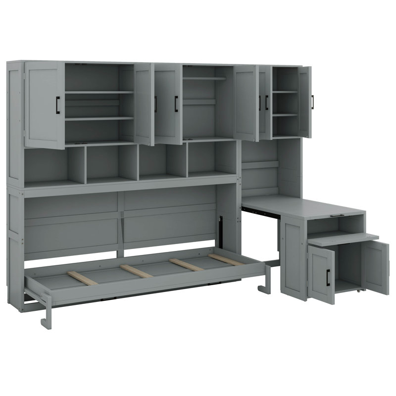 Twin Size Murphy Bed Cabinet With Desk, Closet, Storage Drawers Lockers & Shelves, Gray
