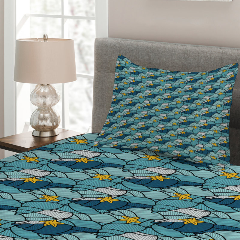 Seashells Coastal Polyester Coverlet, Twin Bedspread + 1 Sham
