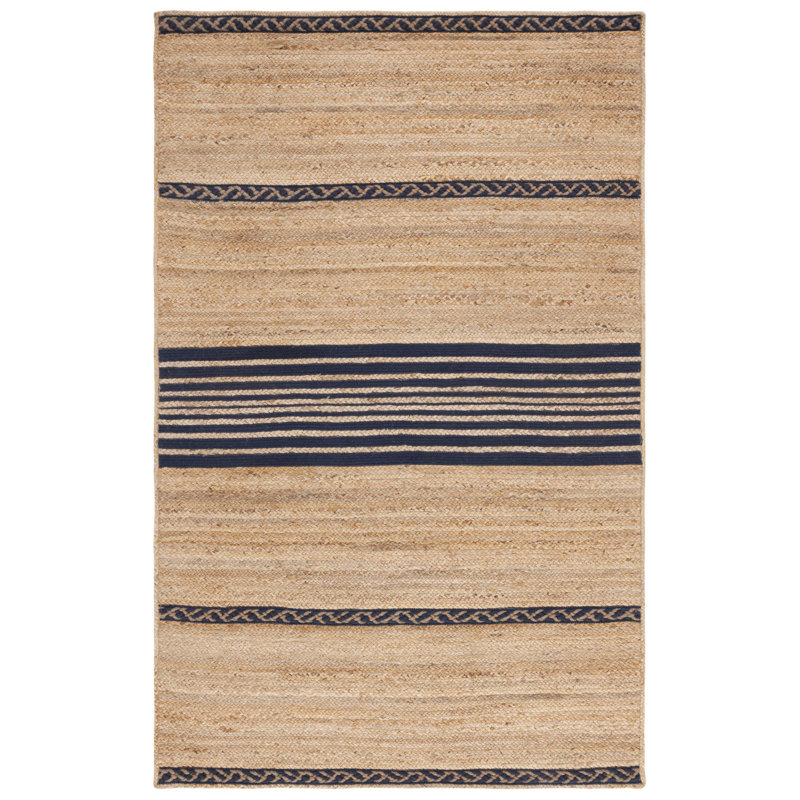 Koriana Natural Fiber Hand Loomed Jute/Cotton Striped Rug in Natural/Navy, Rectangle 5' x 8'
