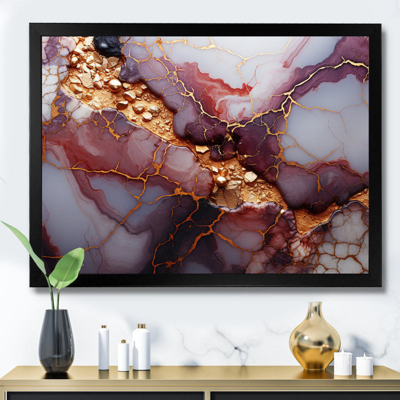 «Pink and Gold Marble River VII», reproduction d'art murale abstraite, Cadre d'angle fermé noir, H 34 po x l 44 po x P 1,5 po