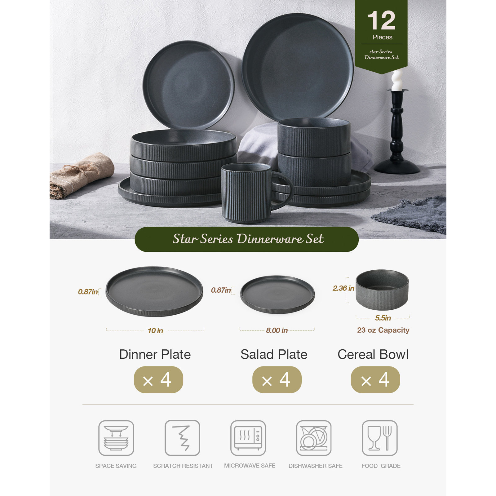 Stoneware Dinnerware Set, Service for 4, Matte Dark Charcoal